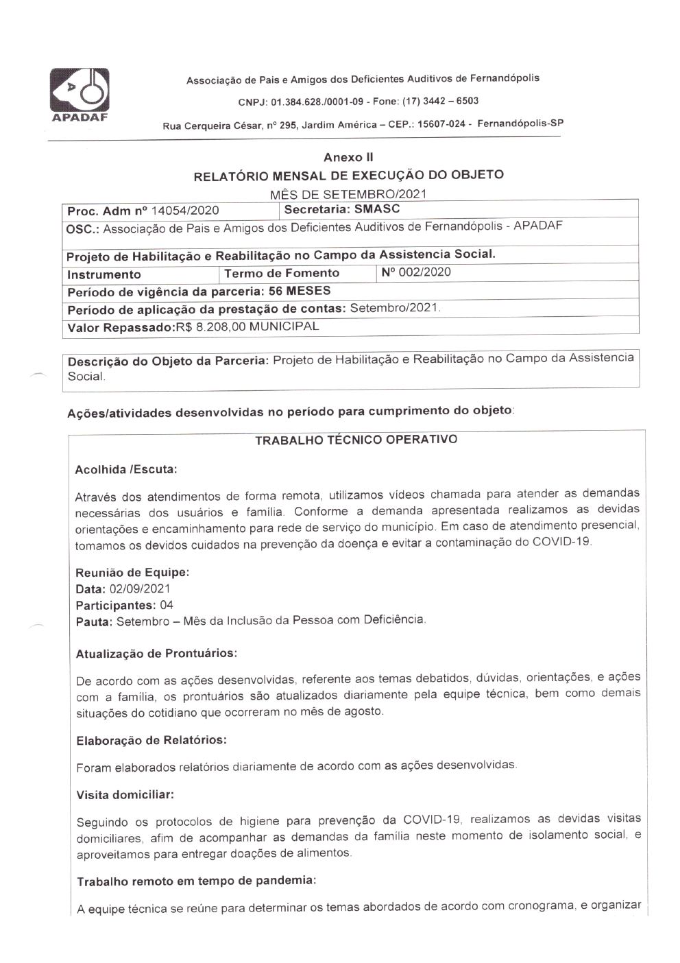 Página 6 de Prestação de Contas Mensal — Habilitação e Reabilitação — 9ª Parcela — Outubro/2021