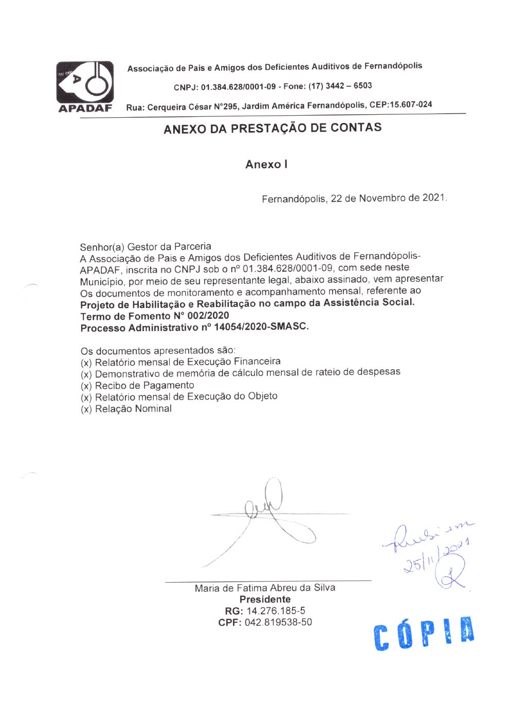 Página 1 de Prestação de Contas Mensal — Habilitação e Reabilitação — 10ª Parcela — Novembro/2021