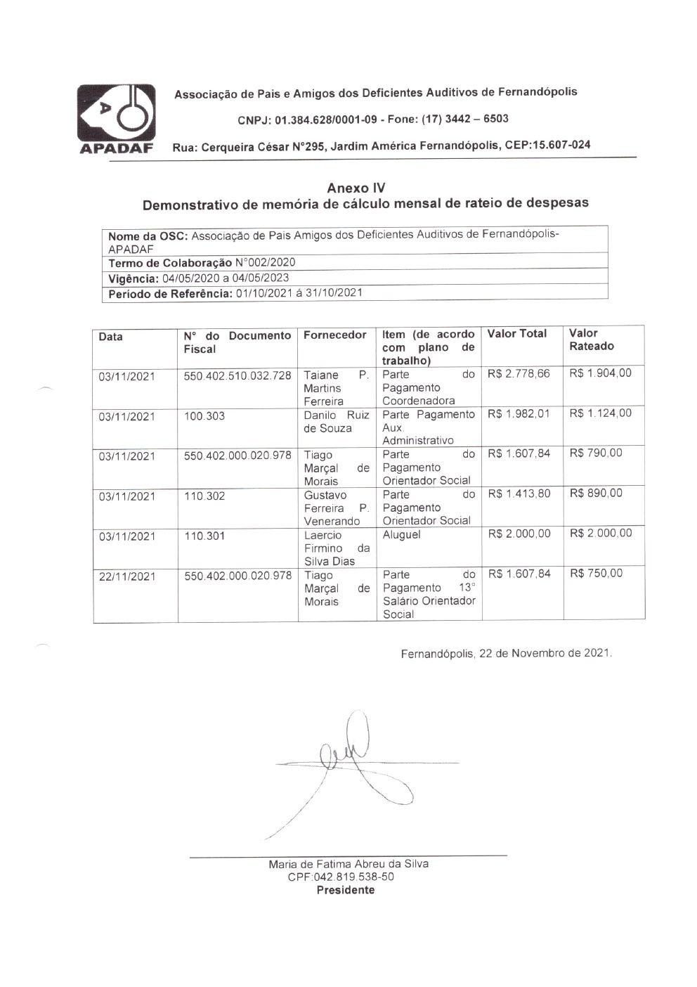 Página 4 de Prestação de Contas Mensal — Habilitação e Reabilitação — 10ª Parcela — Novembro/2021