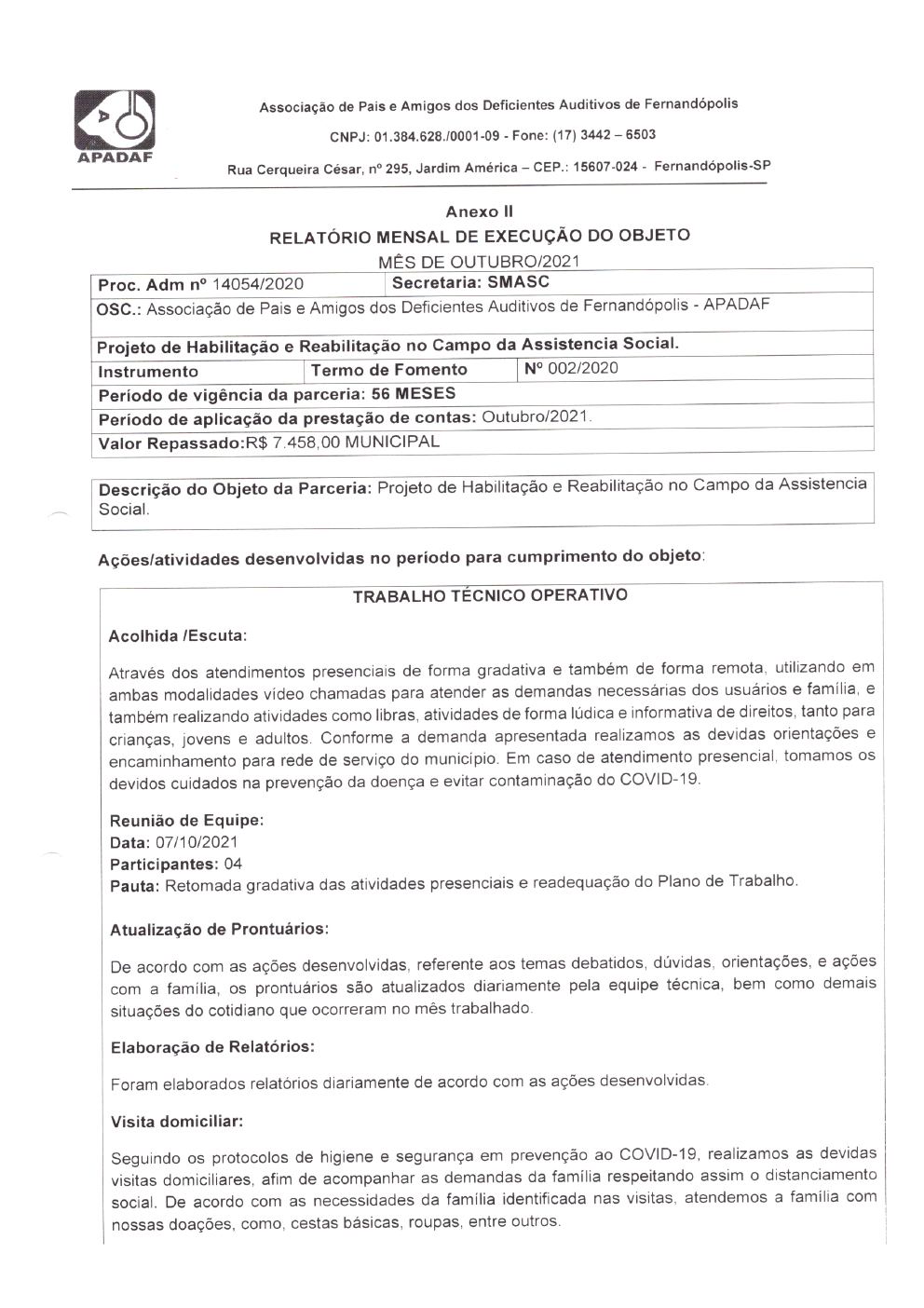 Página 6 de Prestação de Contas Mensal — Habilitação e Reabilitação — 10ª Parcela — Novembro/2021