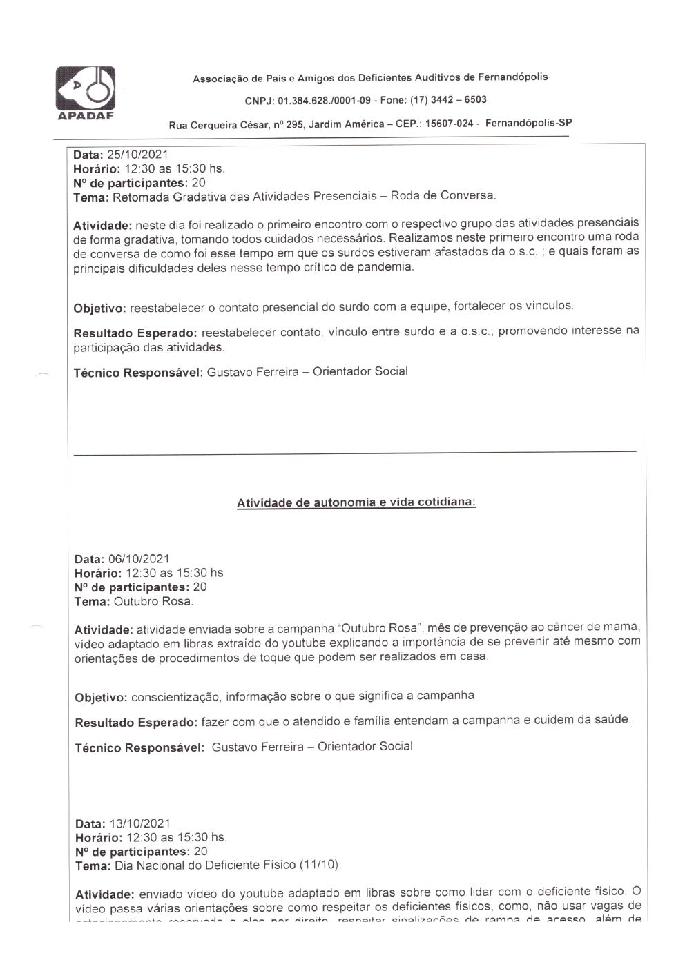 Página 10 de Prestação de Contas Mensal — Habilitação e Reabilitação — 10ª Parcela — Novembro/2021