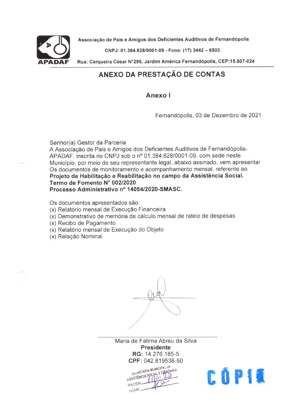 Página 1 de Prestação de Contas Mensal — Habilitação e Reabilitação — 11ª Parcela — Dezembro/2021
