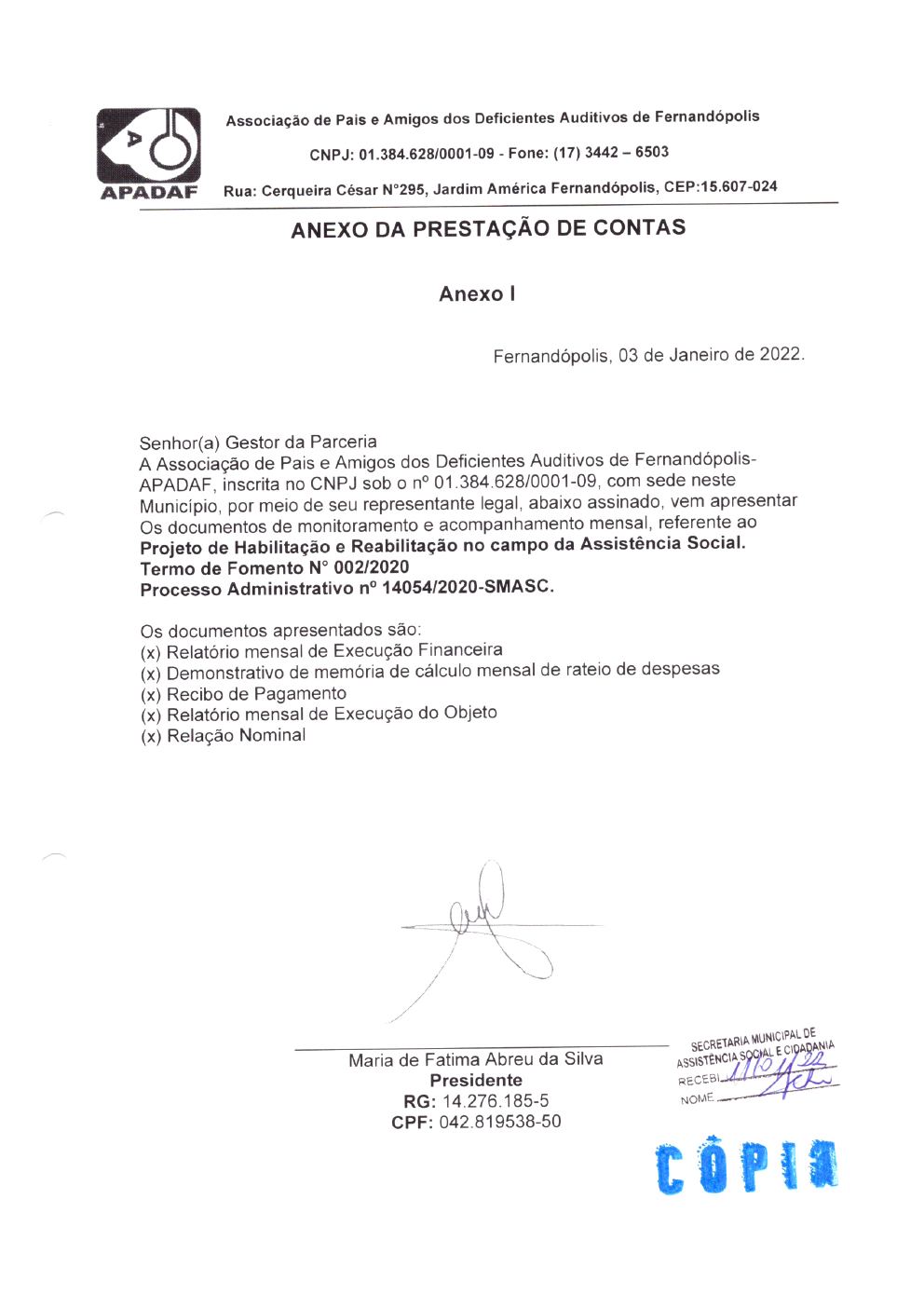 Página 1 de Prestação de Contas Mensal — Habilitação e Reabilitação — 12ª Parcela — Janeiro/2022
