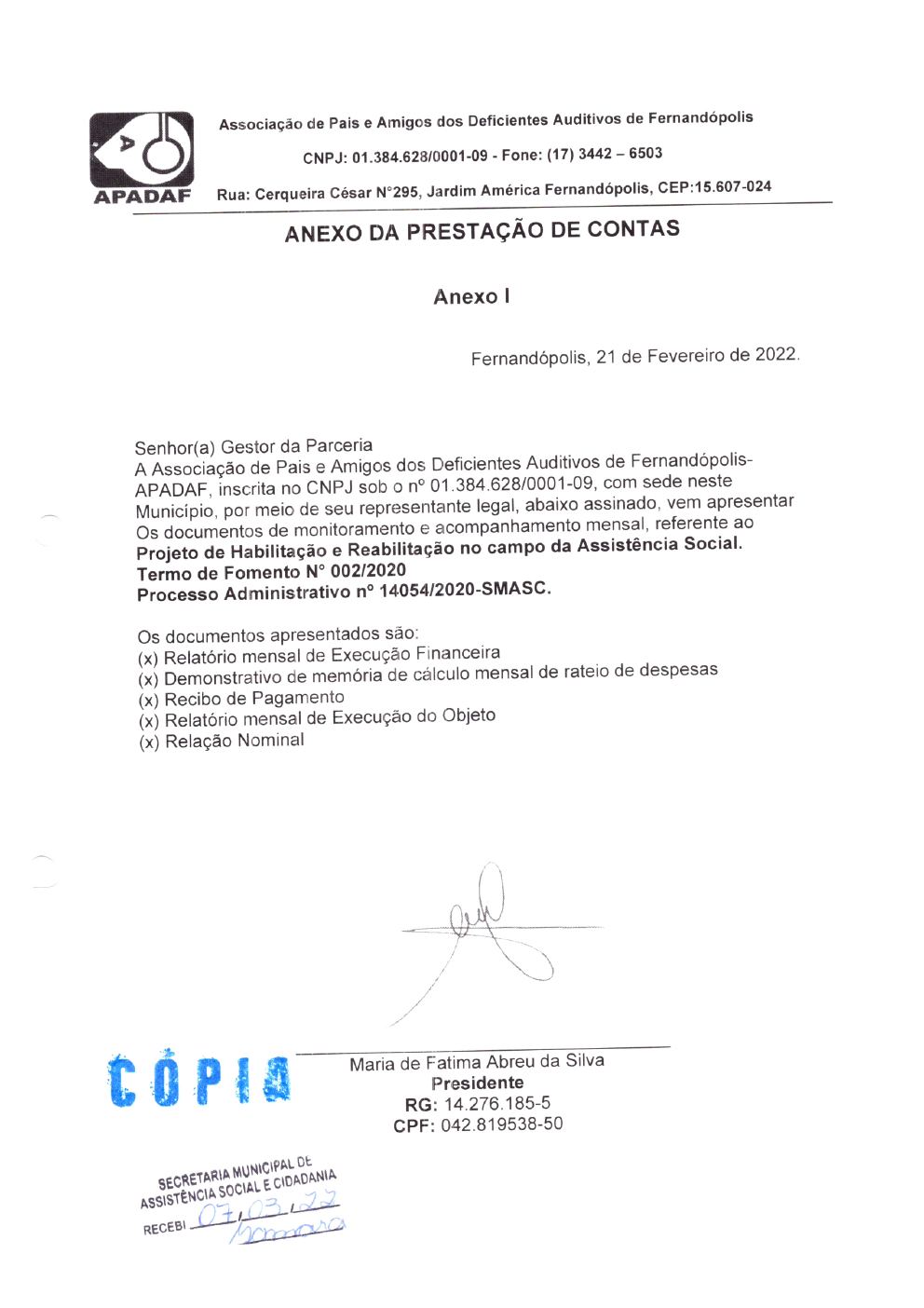 Página 1 de Prestação de Contas Mensal — Habilitação e Reabilitação — 1ª Parcela — Fevereiro/2022
