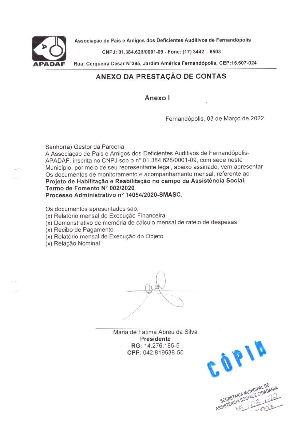 Página 1 de Prestação de Contas Mensal — Habilitação e Reabilitação — 2ª Parcela — Março/2022