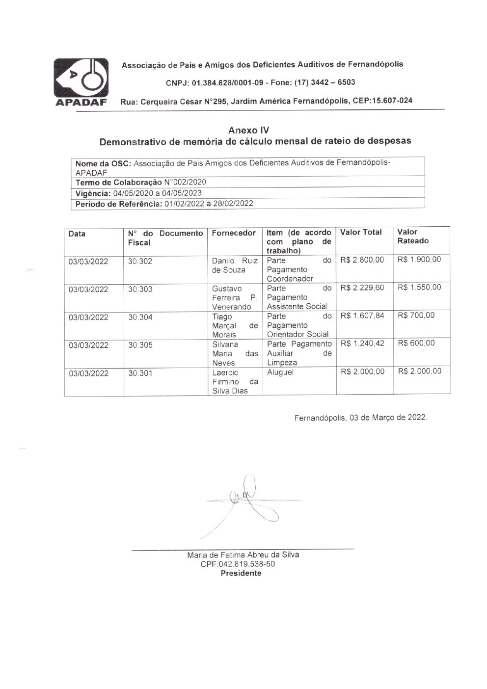 Página 4 de Prestação de Contas Mensal — Habilitação e Reabilitação — 2ª Parcela — Março/2022