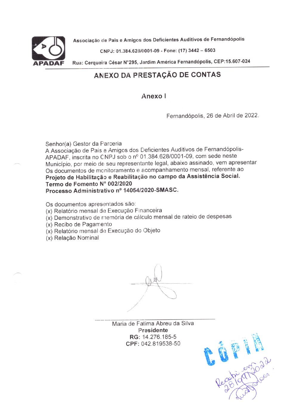Página 1 de Prestação de Contas Mensal — Habilitação e Reabilitação — 3ª Parcela — Abril/2022