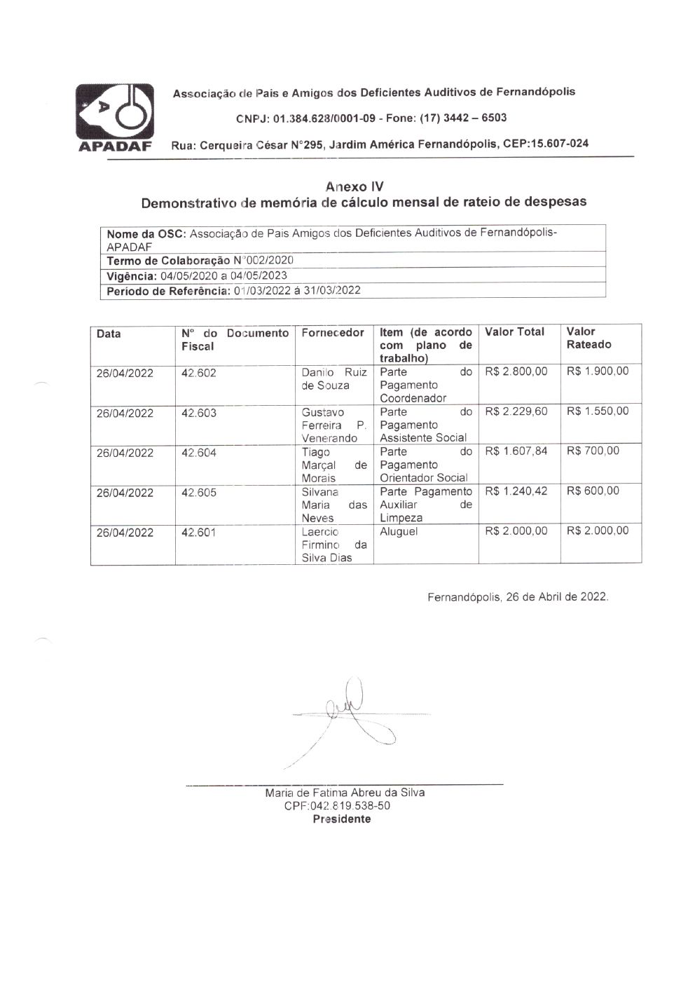 Página 4 de Prestação de Contas Mensal — Habilitação e Reabilitação — 3ª Parcela — Abril/2022