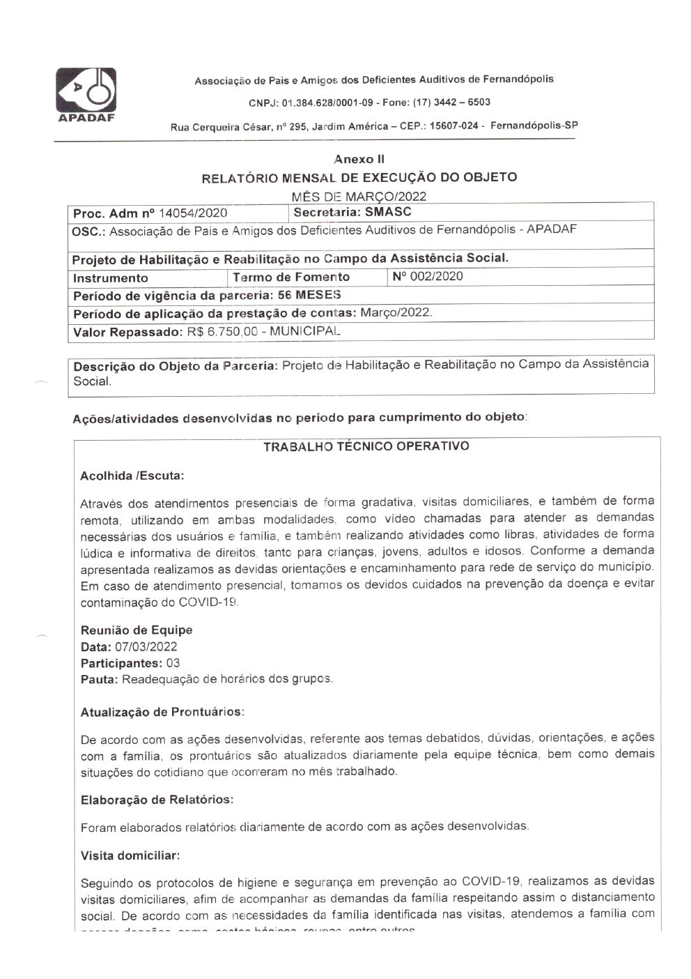 Página 6 de Prestação de Contas Mensal — Habilitação e Reabilitação — 3ª Parcela — Abril/2022