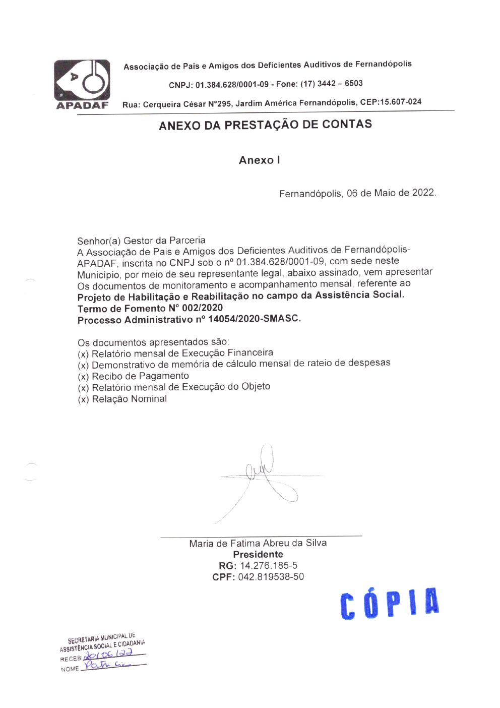 Página 1 de Prestação de Contas Mensal — Habilitação e Reabilitação — 4ª Parcela — Maio/2022