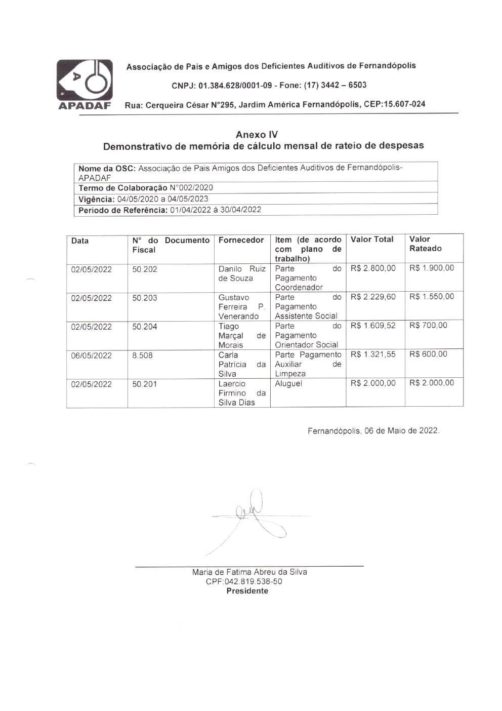 Página 4 de Prestação de Contas Mensal — Habilitação e Reabilitação — 4ª Parcela — Maio/2022