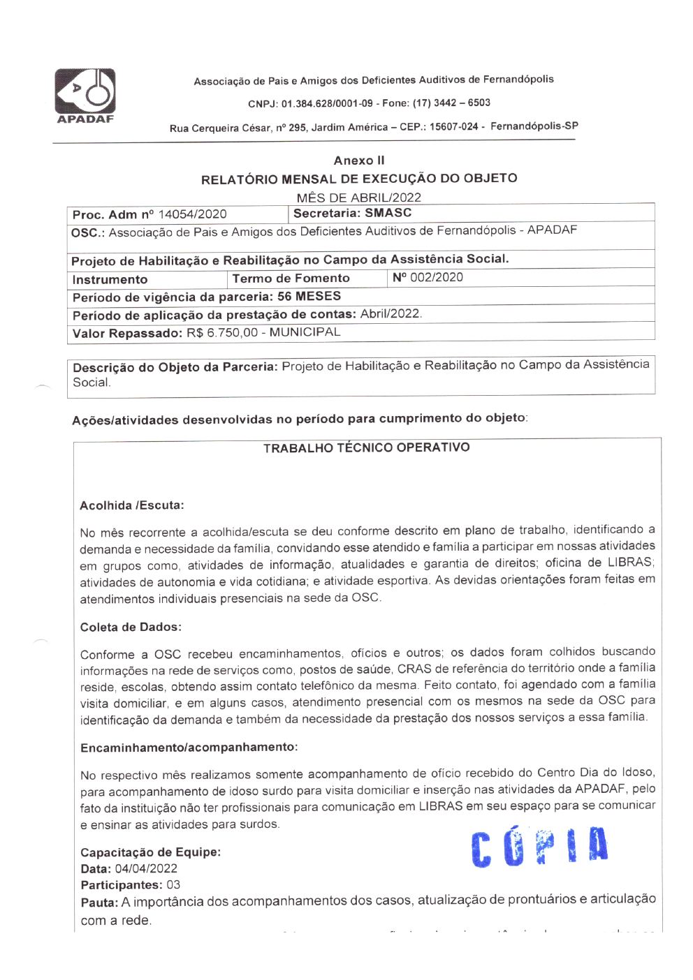 Página 6 de Prestação de Contas Mensal — Habilitação e Reabilitação — 4ª Parcela — Maio/2022