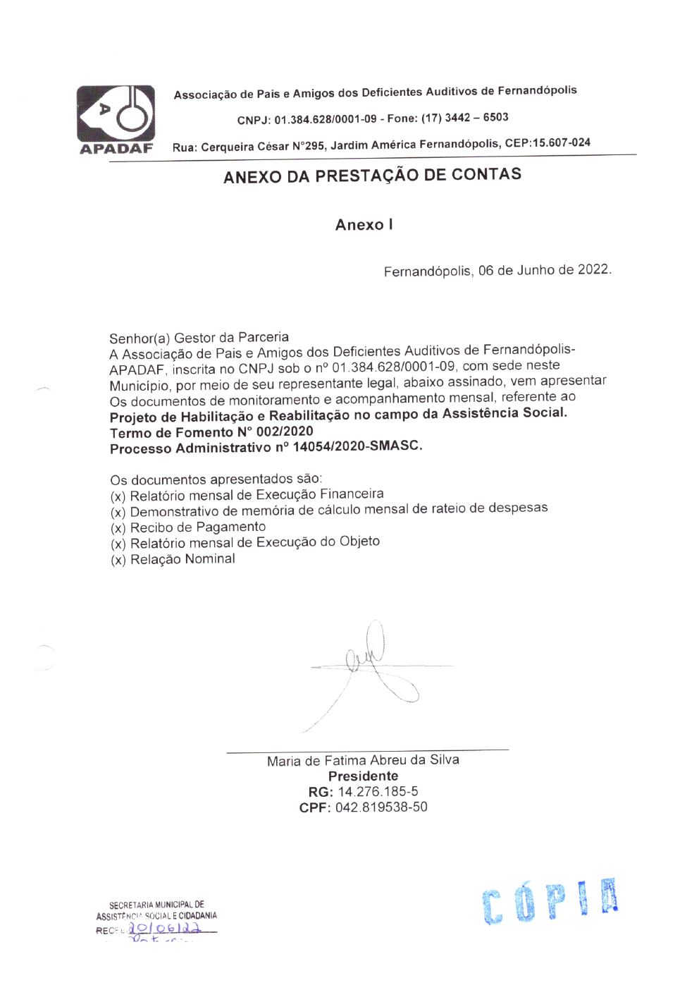 Página 1 de Prestação de Contas Mensal — Habilitação e Reabilitação — 5ª Parcela — Junho/2022