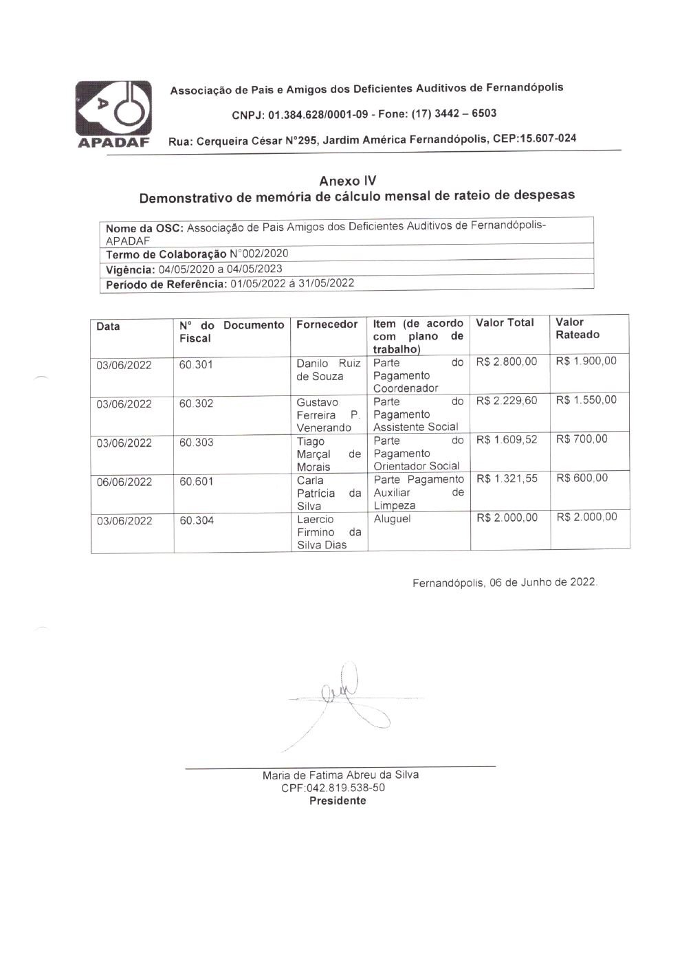 Página 4 de Prestação de Contas Mensal — Habilitação e Reabilitação — 5ª Parcela — Junho/2022