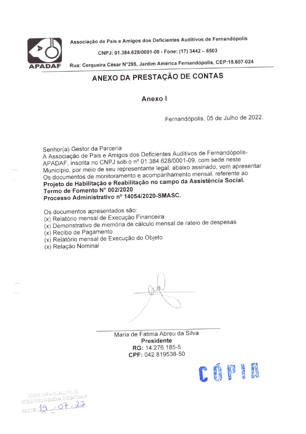 Página 1 de Prestação de Contas Mensal — Habilitação e Reabilitação — 6ª Parcela — Julho/2022