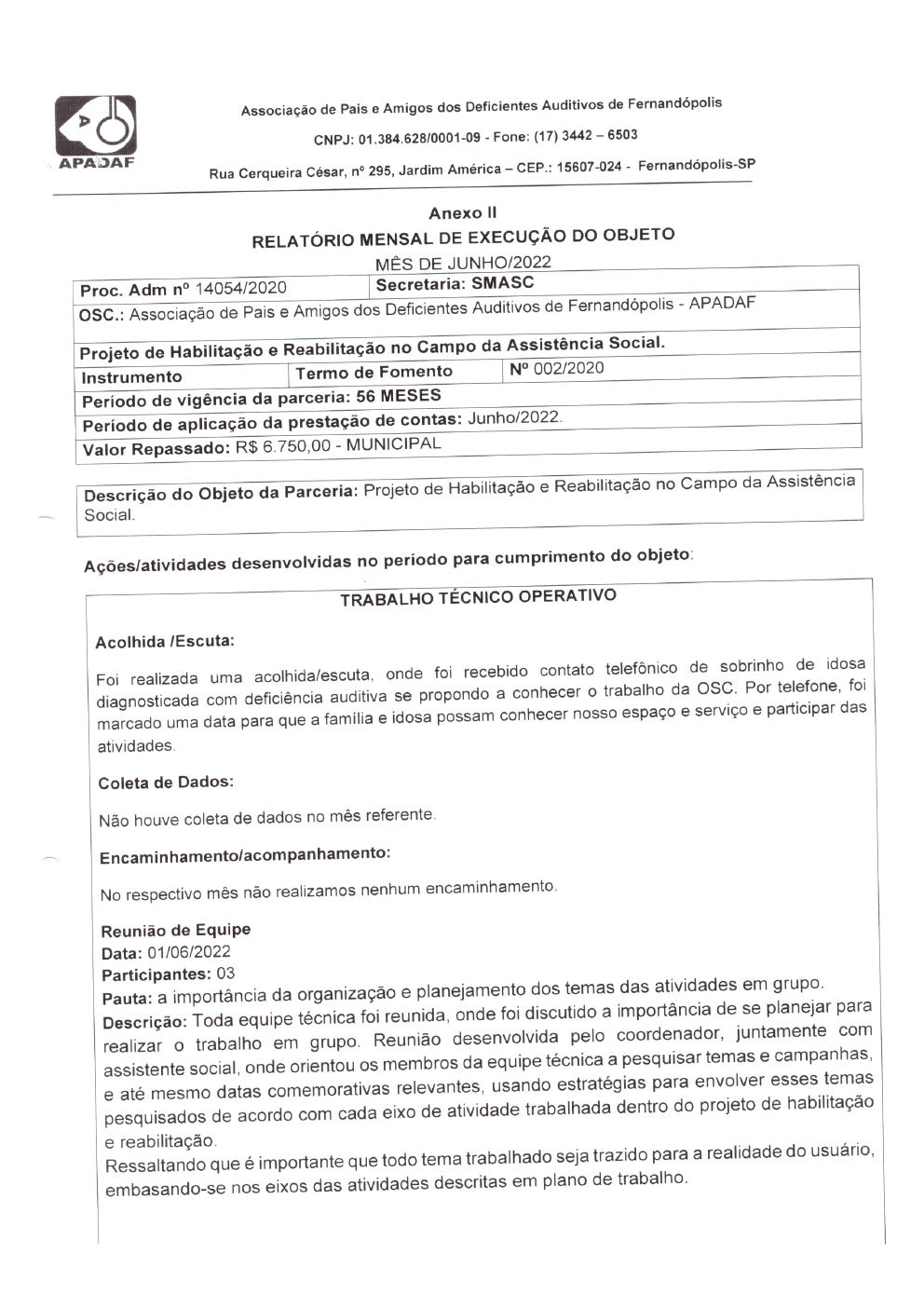 Página 6 de Prestação de Contas Mensal — Habilitação e Reabilitação — 6ª Parcela — Julho/2022