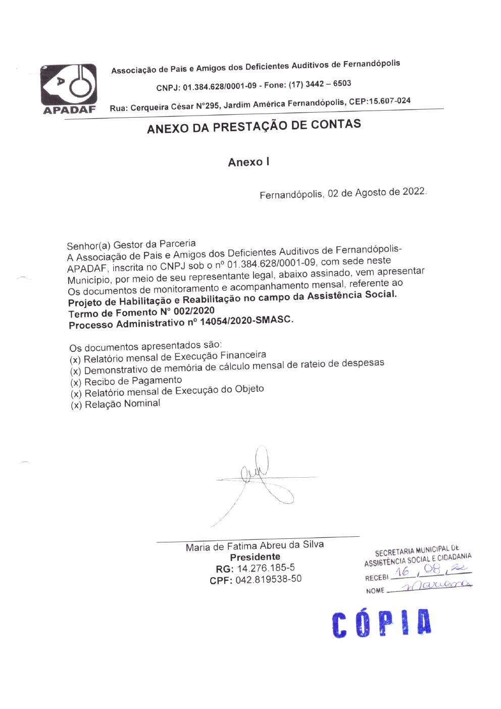 Página 1 de Prestação de Contas Mensal — Habilitação e Reabilitação — 7ª Parcela — Agosto/2022