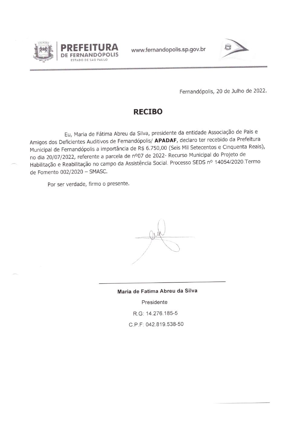 Página 5 de Prestação de Contas Mensal — Habilitação e Reabilitação — 7ª Parcela — Agosto/2022