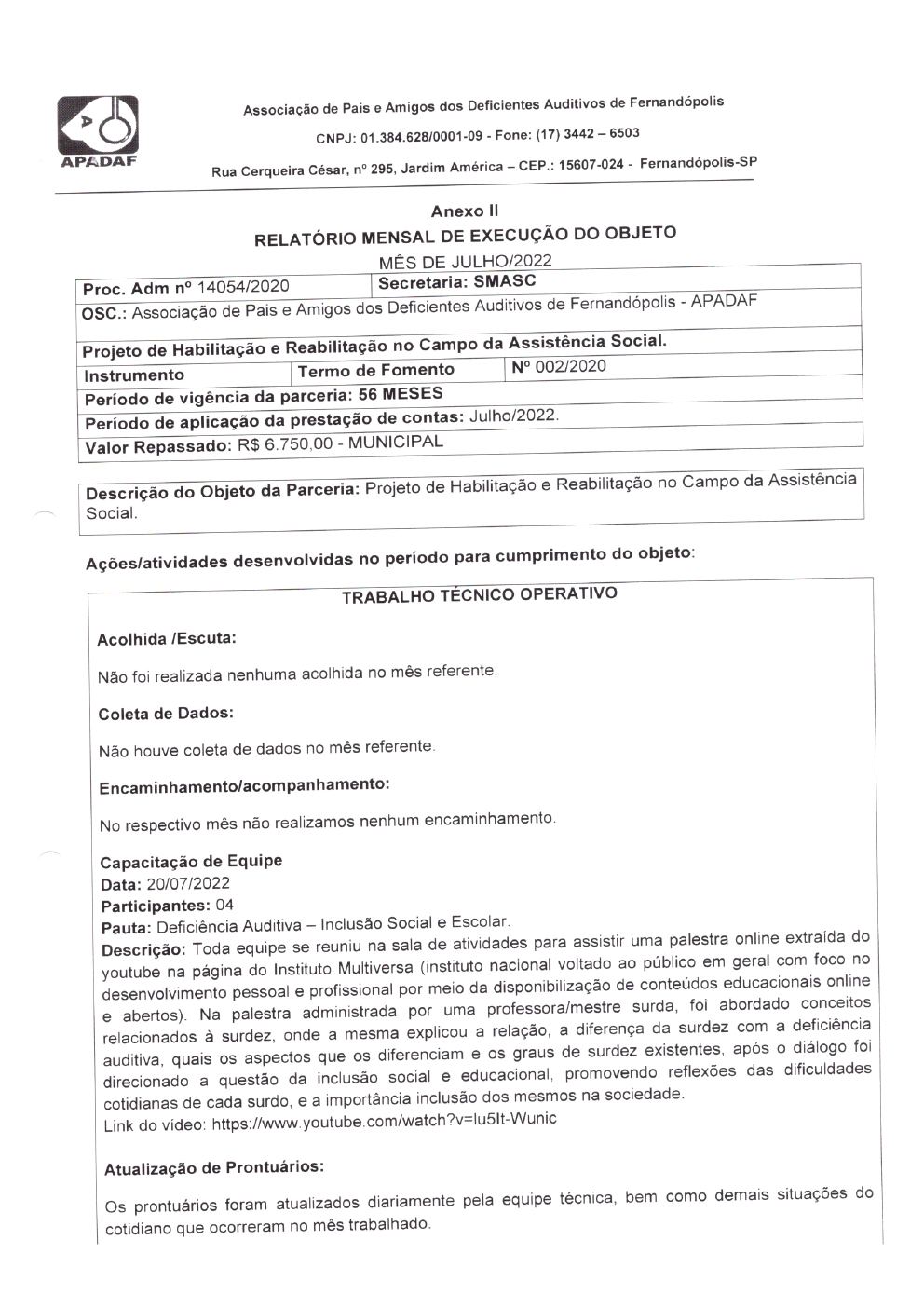 Página 6 de Prestação de Contas Mensal — Habilitação e Reabilitação — 7ª Parcela — Agosto/2022