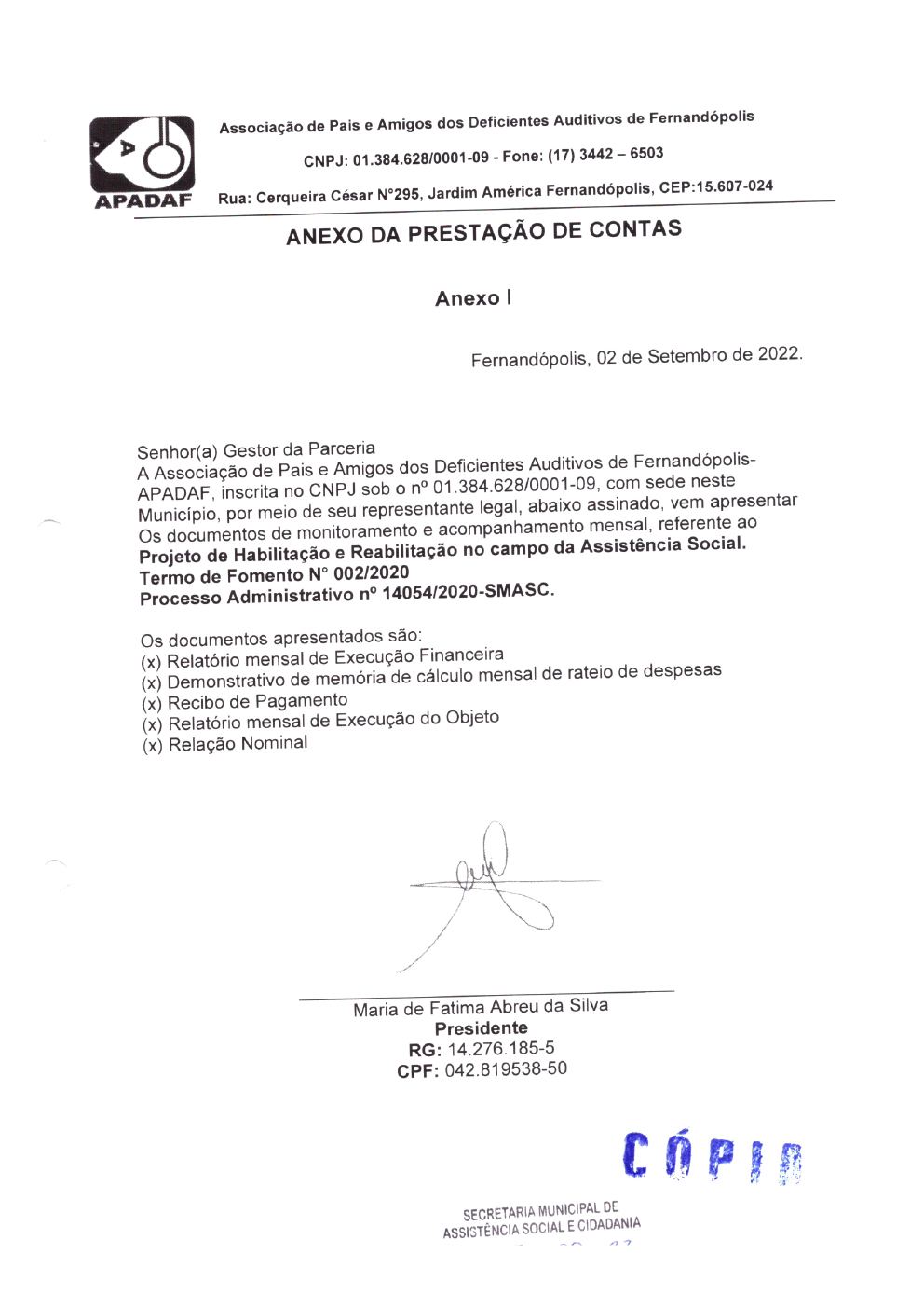 Página 1 de Prestação de Contas Mensal — Habilitação e Reabilitação — 8ª Parcela — Setembro/2022
