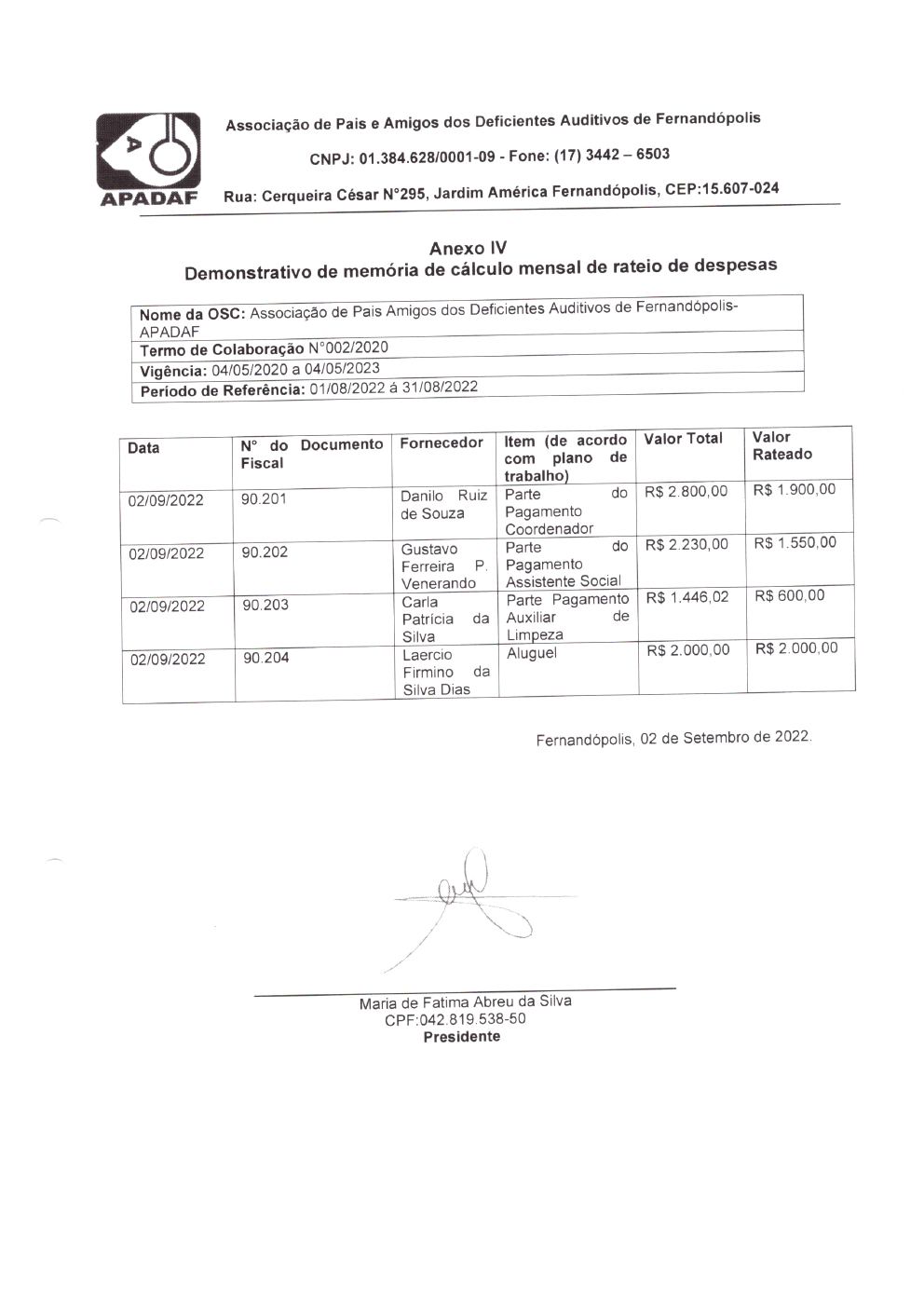 Página 4 de Prestação de Contas Mensal — Habilitação e Reabilitação — 8ª Parcela — Setembro/2022