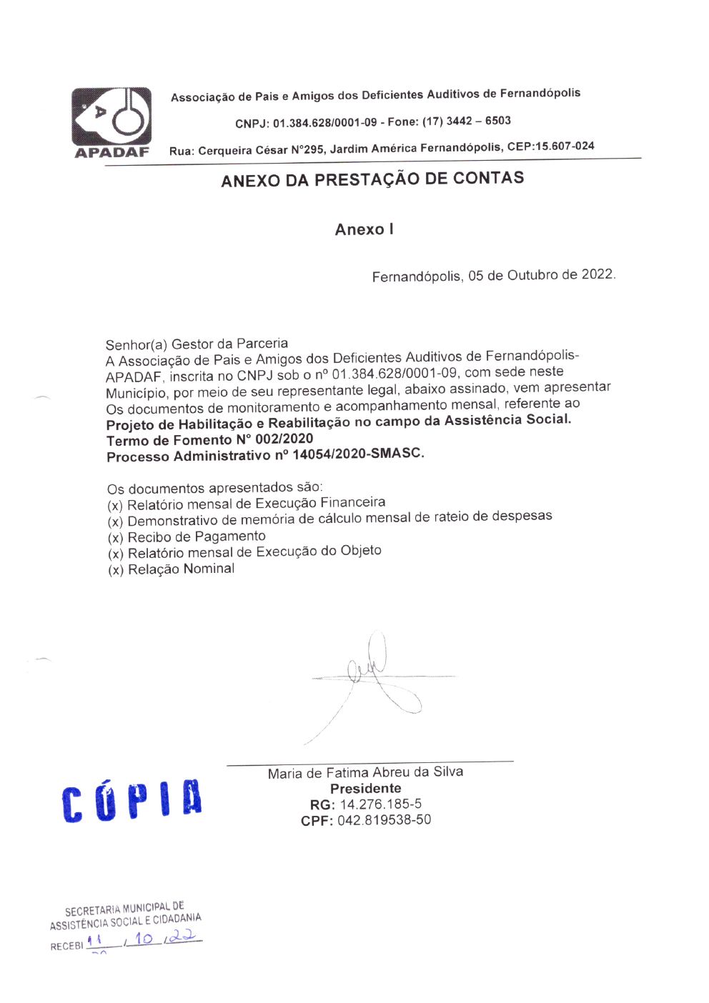 Página 1 de Prestação de Contas Mensal — Habilitação e Reabilitação — 9ª Parcela — Outubro/2022