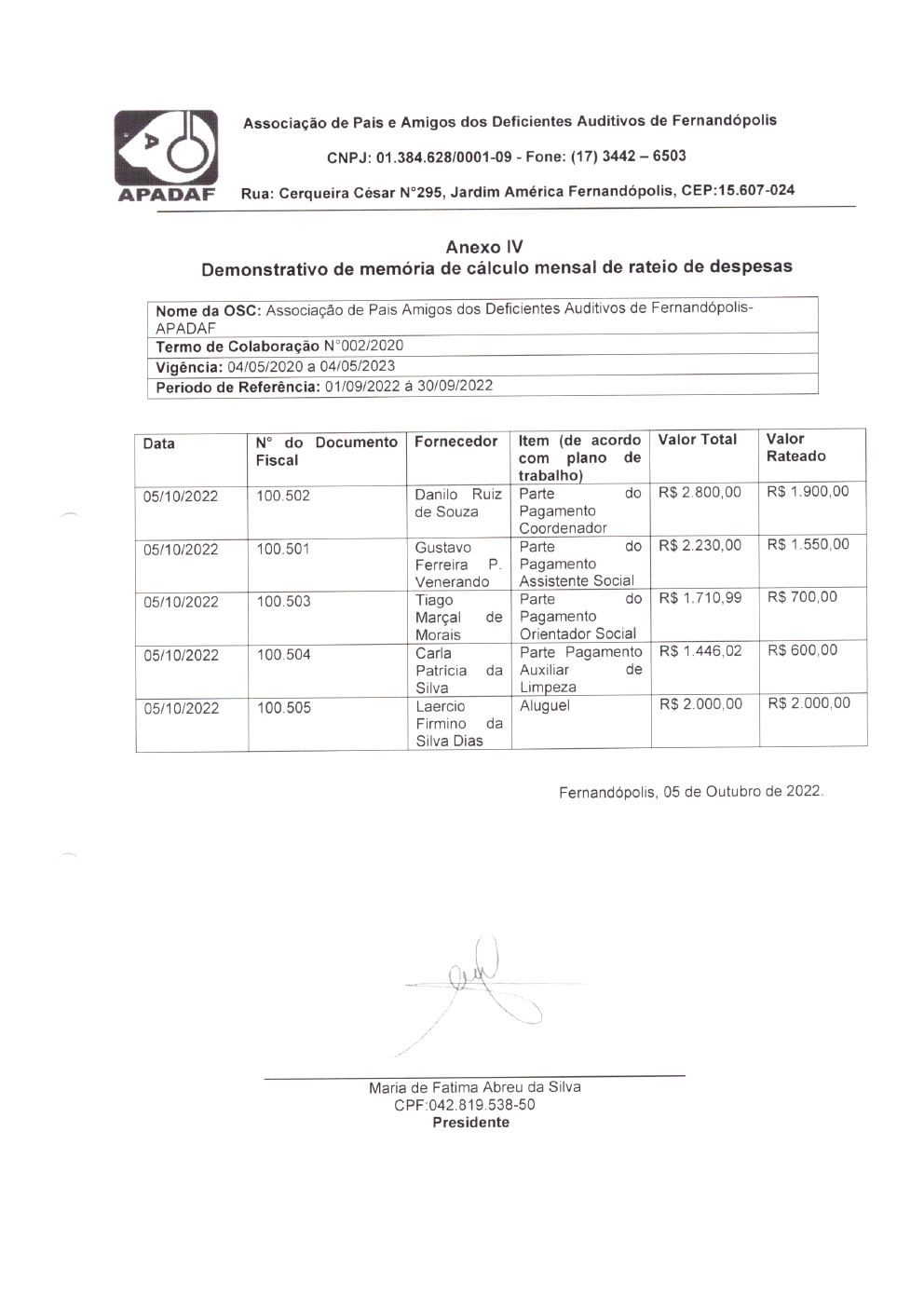 Página 4 de Prestação de Contas Mensal — Habilitação e Reabilitação — 9ª Parcela — Outubro/2022