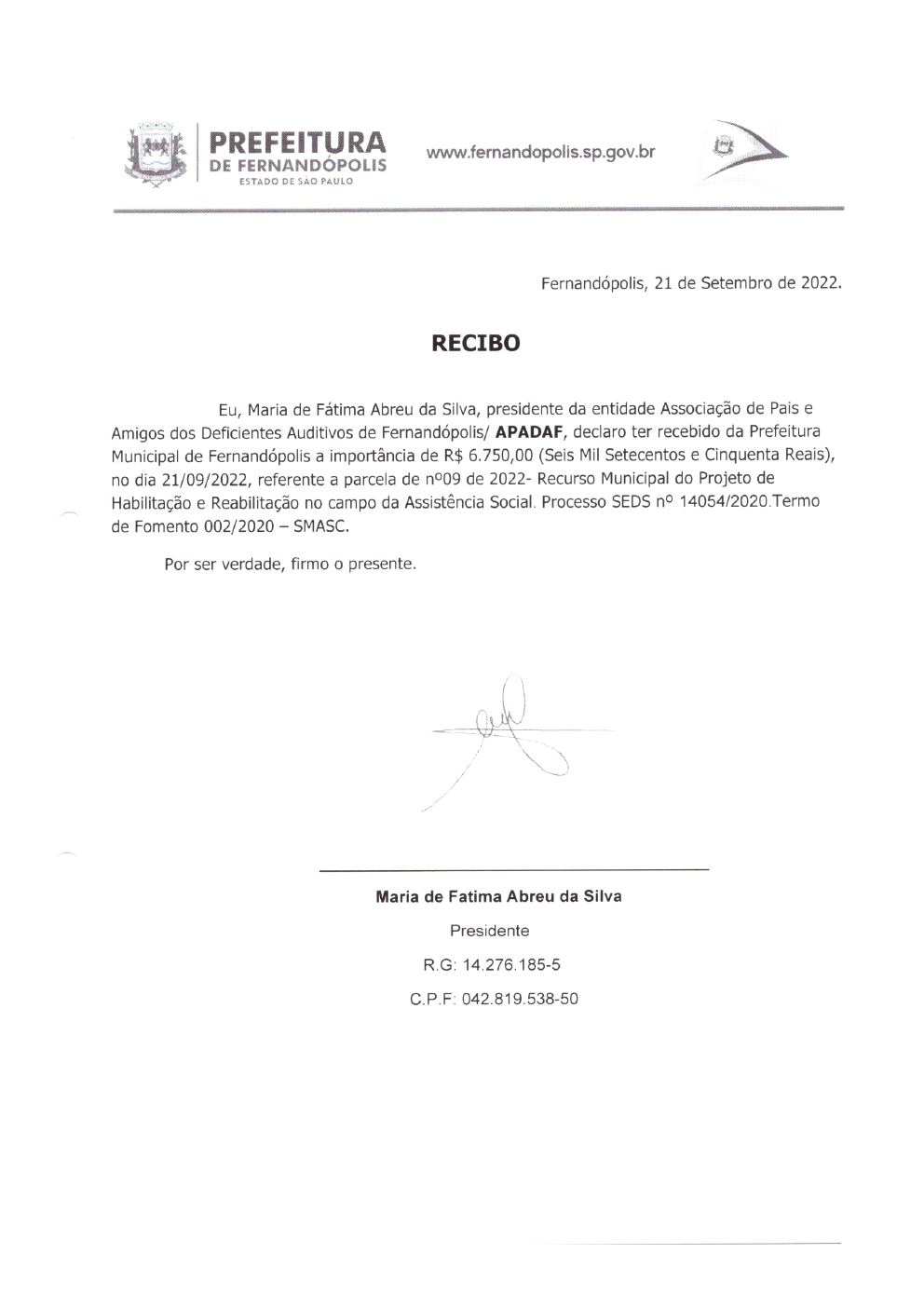 Página 5 de Prestação de Contas Mensal — Habilitação e Reabilitação — 9ª Parcela — Outubro/2022