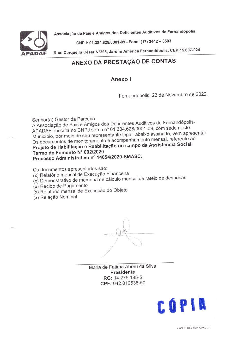 Página 1 de Prestação de Contas Mensal — Habilitação e Reabilitação — 10ª Parcela — Novembro/2022