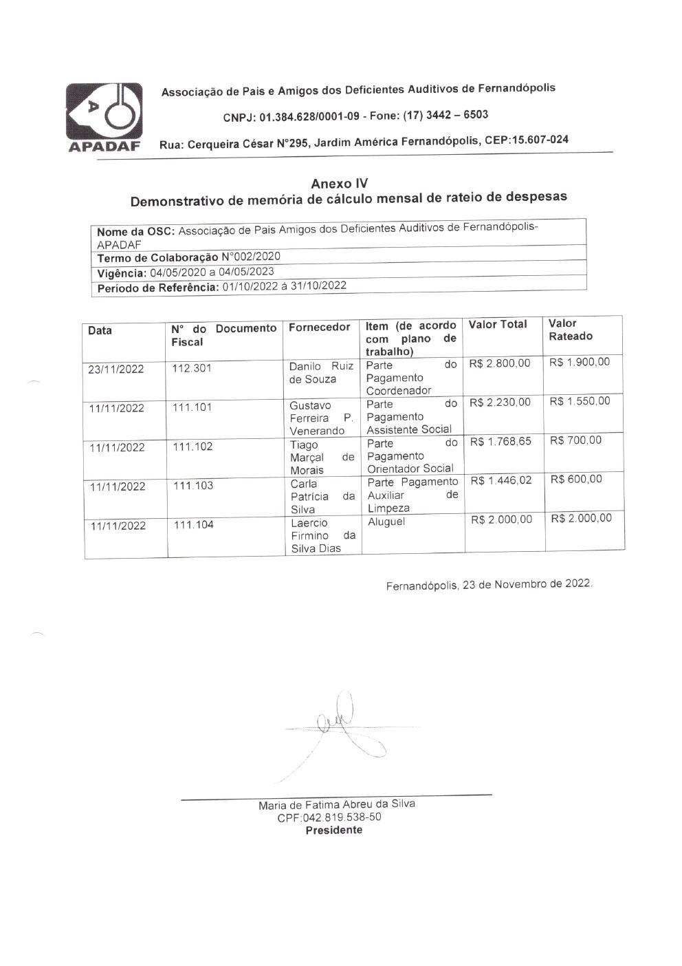 Página 4 de Prestação de Contas Mensal — Habilitação e Reabilitação — 10ª Parcela — Novembro/2022