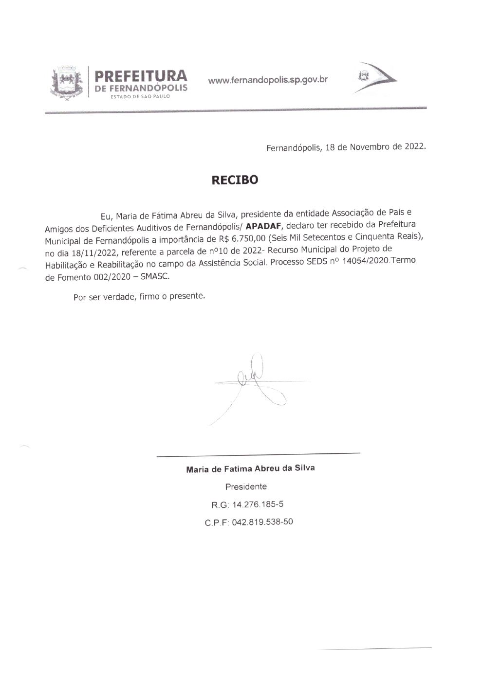 Página 5 de Prestação de Contas Mensal — Habilitação e Reabilitação — 10ª Parcela — Novembro/2022