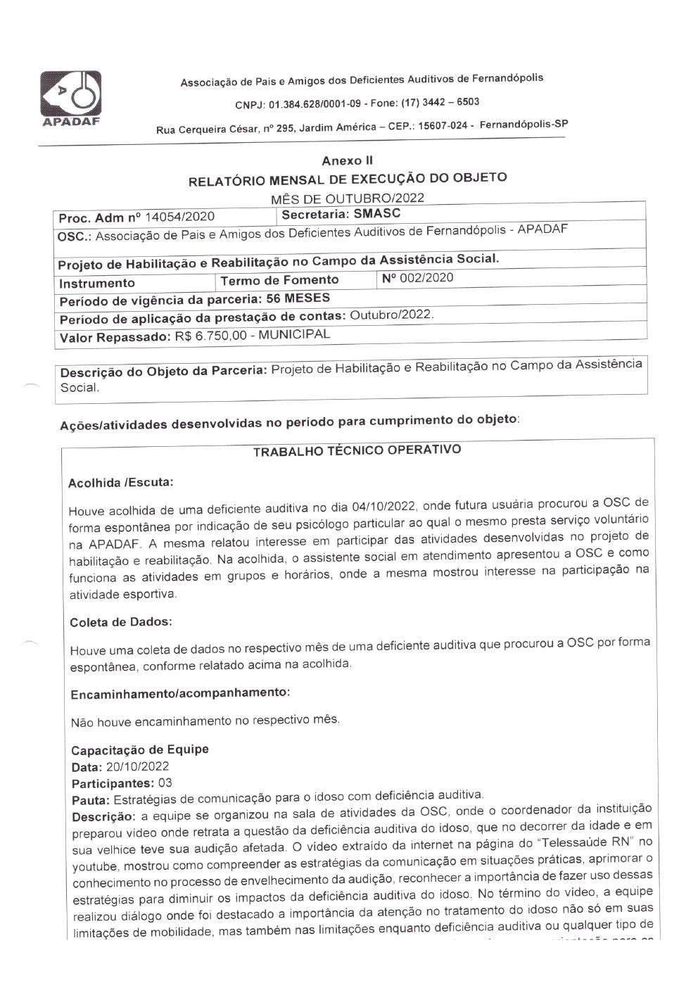 Página 12 de Prestação de Contas Mensal — Habilitação e Reabilitação — 10ª Parcela — Novembro/2022