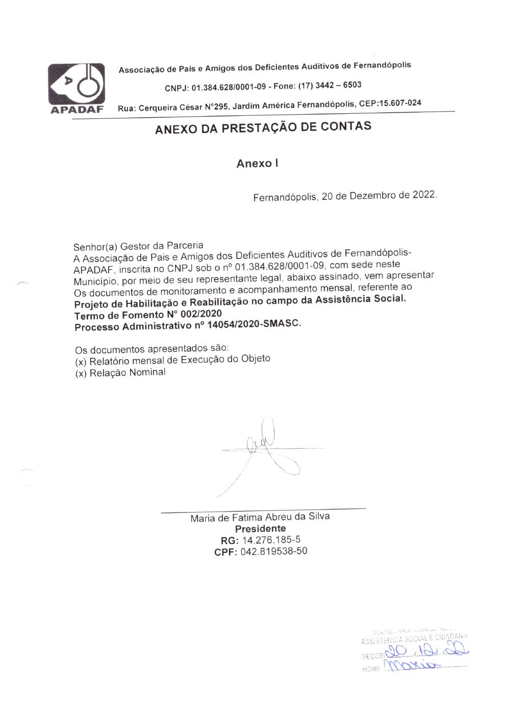 Página 1 de Prestação de Contas Mensal — Habilitação e Reabilitação — 11ª Parcela — Dezembro/2022