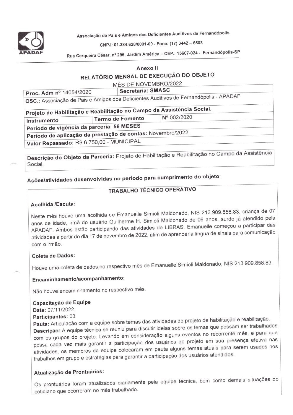 Página 2 de Prestação de Contas Mensal — Habilitação e Reabilitação — 11ª Parcela — Dezembro/2022