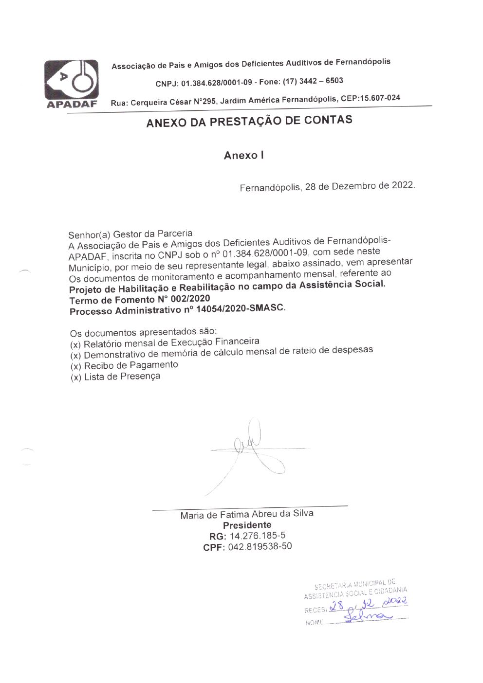 Página 22 de Prestação de Contas Mensal — Habilitação e Reabilitação — 11ª Parcela — Dezembro/2022