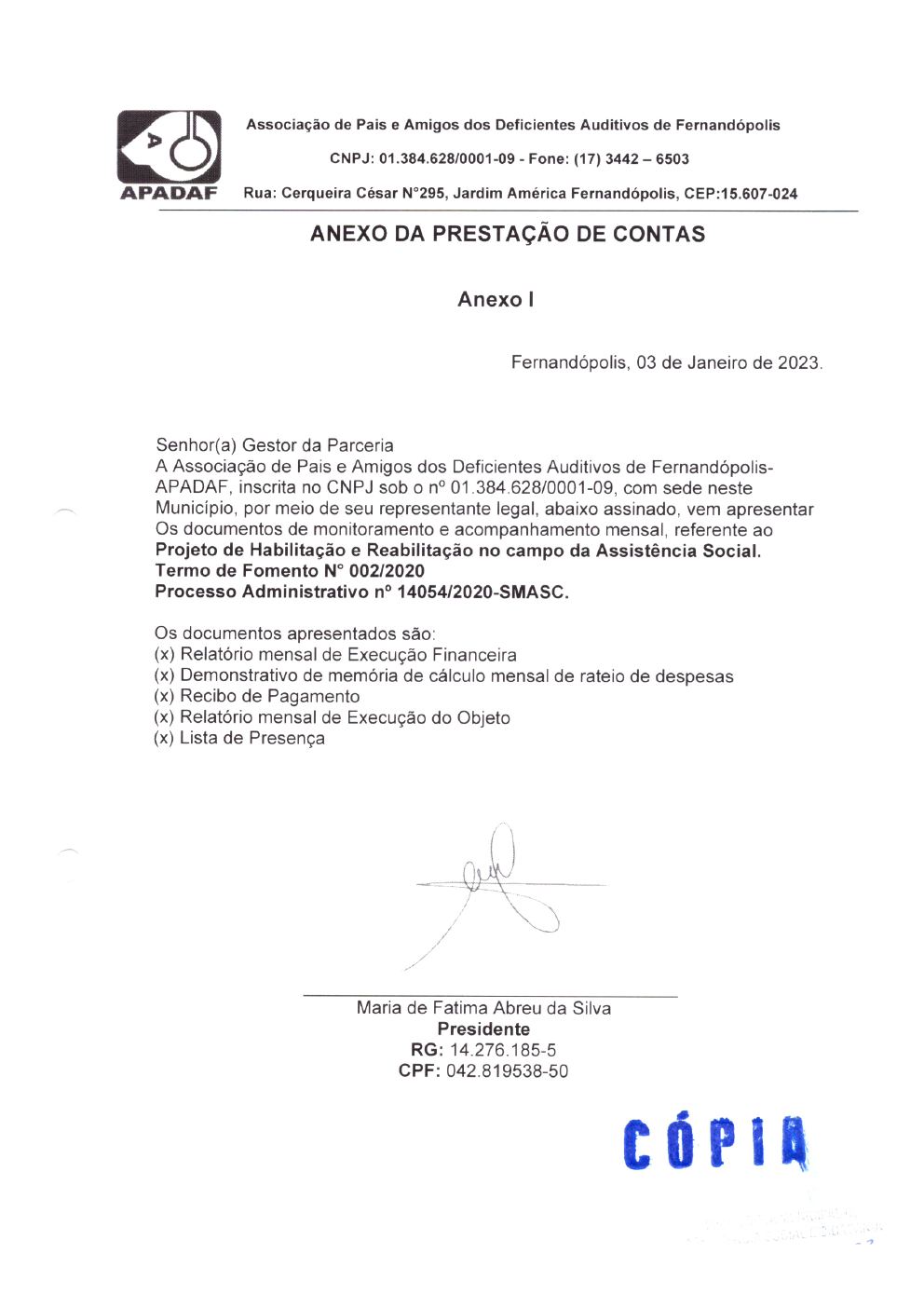 Página 1 de Prestação de Contas Mensal — Habilitação e Reabilitação — 12ª Parcela — Janeiro/2023