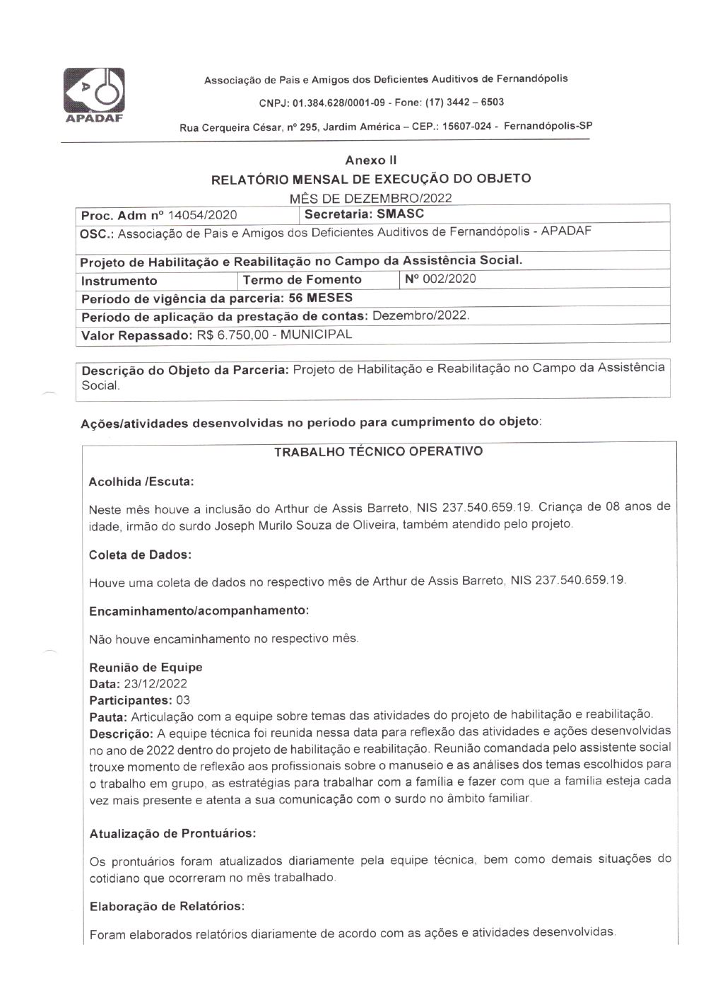 Página 12 de Prestação de Contas Mensal — Habilitação e Reabilitação — 12ª Parcela — Janeiro/2023