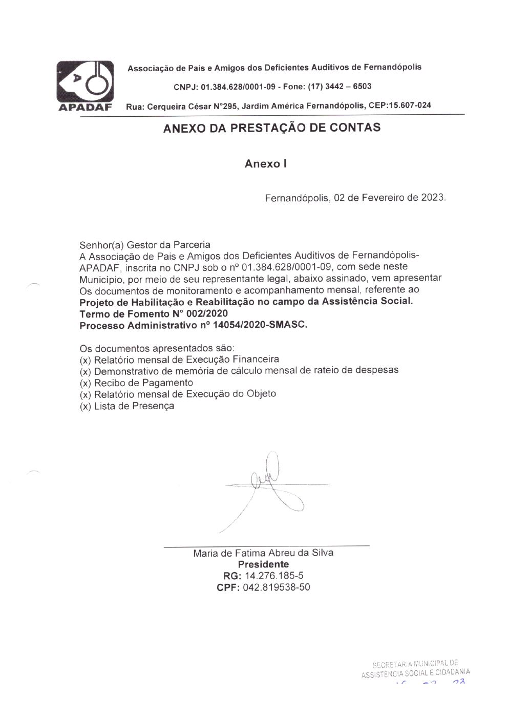 Página 1 de Prestação de Contas Mensal — Habilitação e Reabilitação — 1ª Parcela — Fevereiro/2023