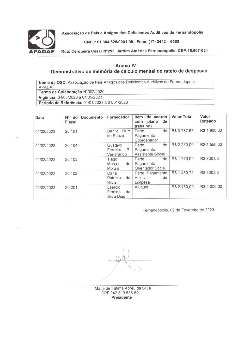 Página 4 de Prestação de Contas Mensal — Habilitação e Reabilitação — 1ª Parcela — Fevereiro/2023