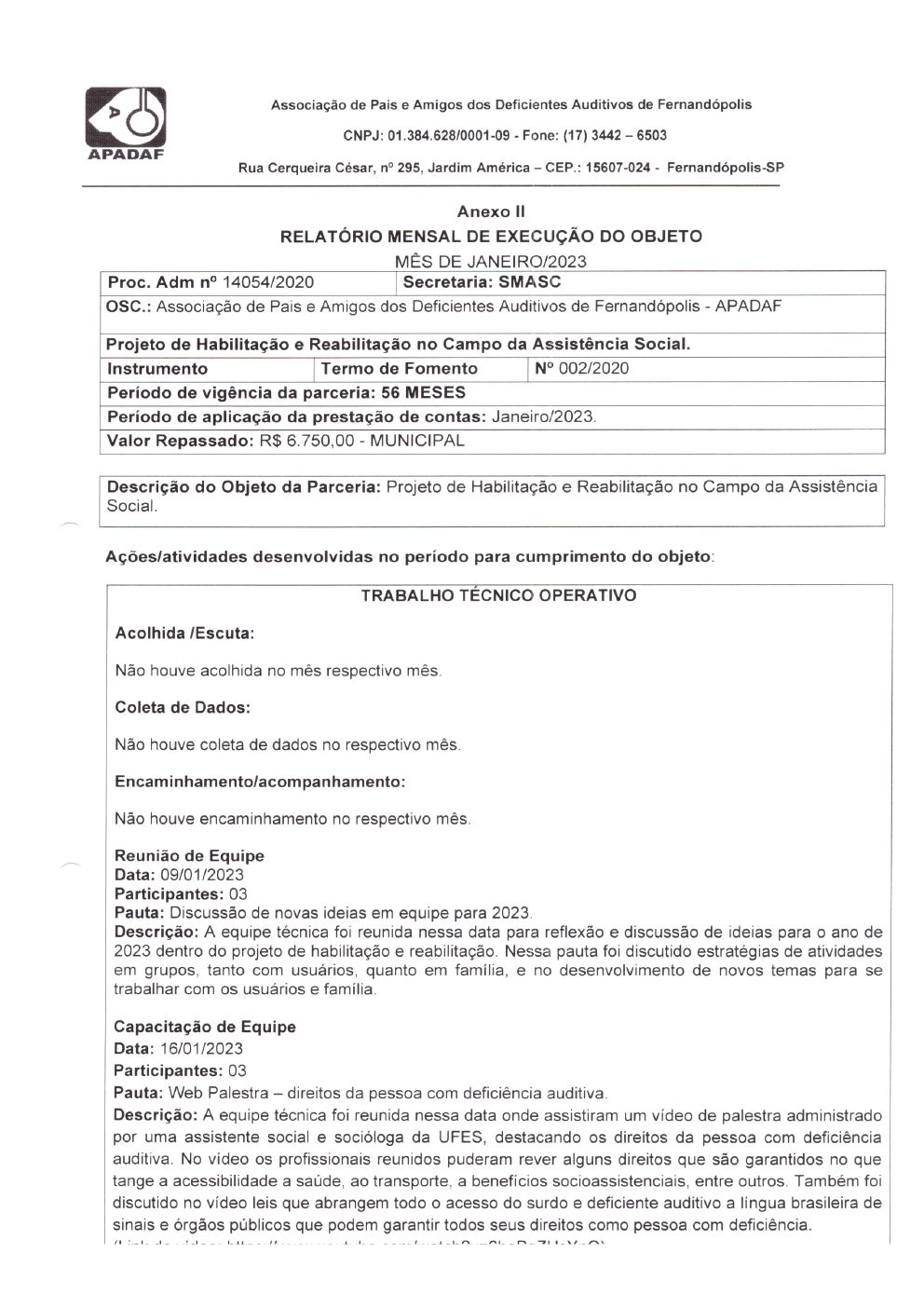 Página 12 de Prestação de Contas Mensal — Habilitação e Reabilitação — 1ª Parcela — Fevereiro/2023