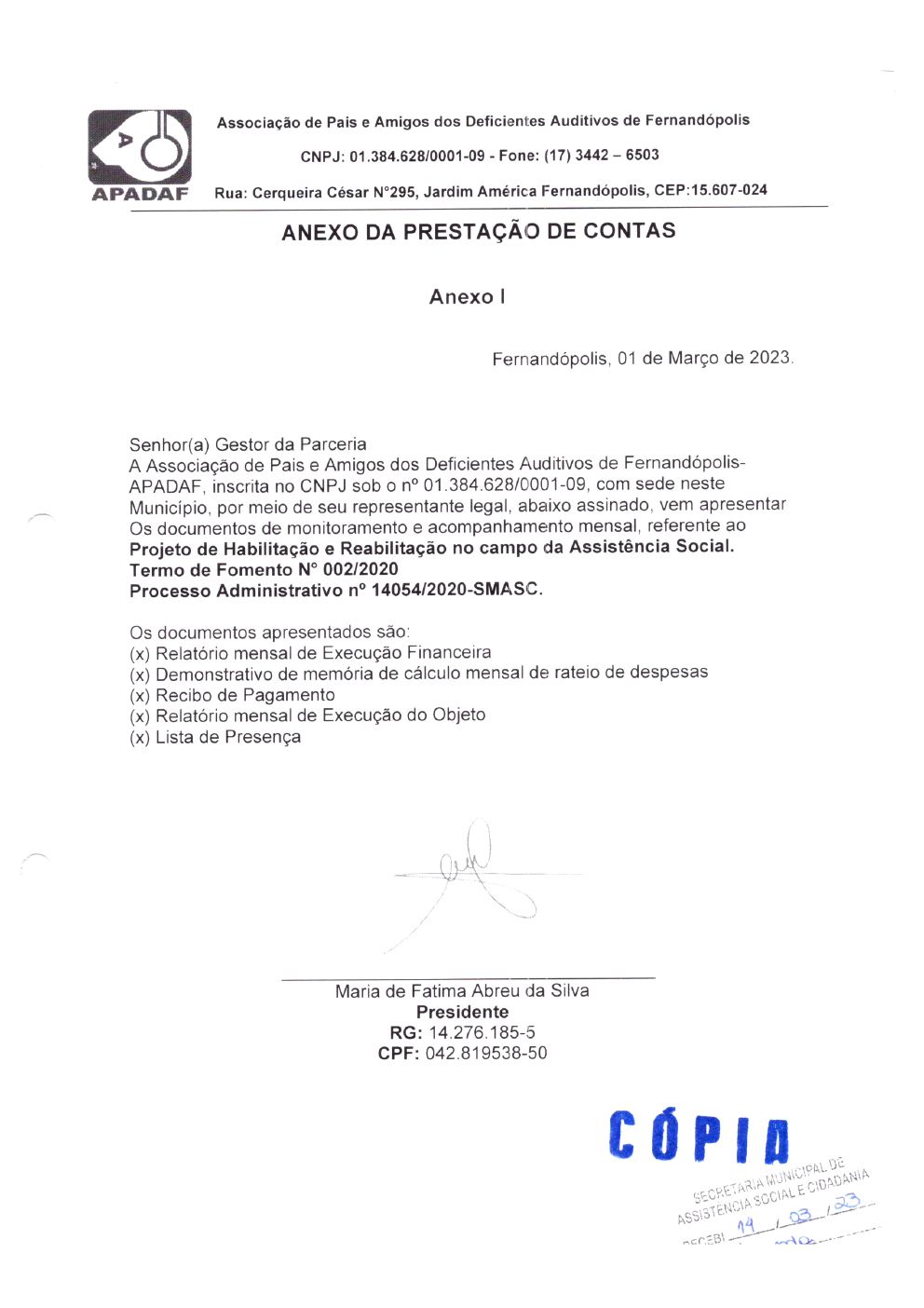 Página 1 de Prestação de Contas Mensal — Habilitação e Reabilitação — 2ª Parcela — Março/2023