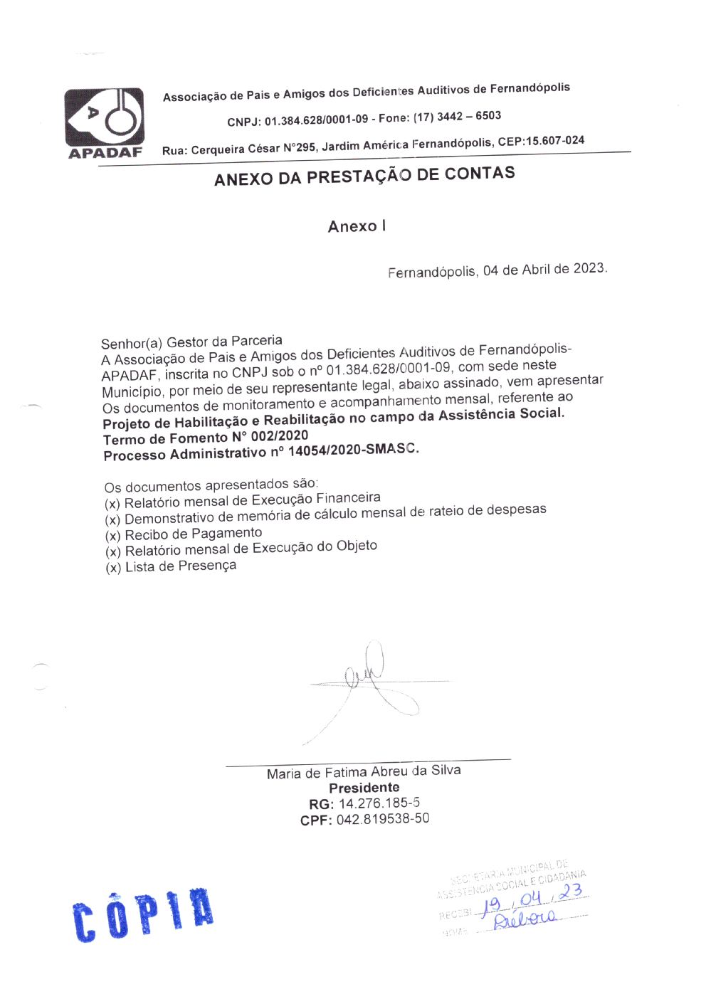 Página 1 de Prestação de Contas Mensal — Habilitação e Reabilitação — 3ª Parcela — Abril/2023