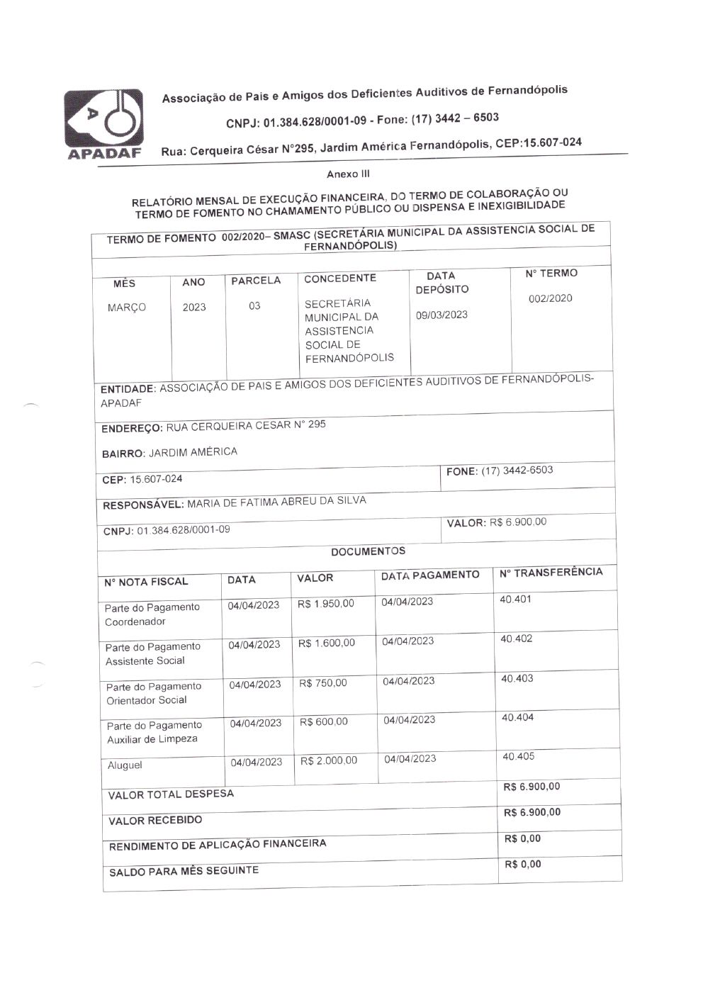 Página 2 de Prestação de Contas Mensal — Habilitação e Reabilitação — 3ª Parcela — Abril/2023