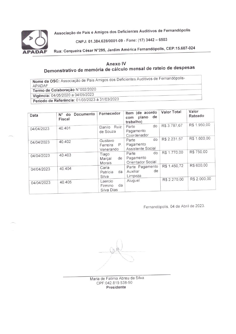 Página 4 de Prestação de Contas Mensal — Habilitação e Reabilitação — 3ª Parcela — Abril/2023