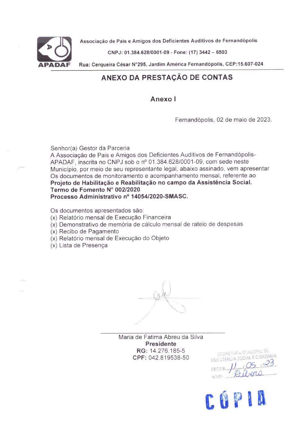 Página 1 de Prestação de Contas Mensal — Habilitação e Reabilitação — 4ª Parcela — Maio/2023