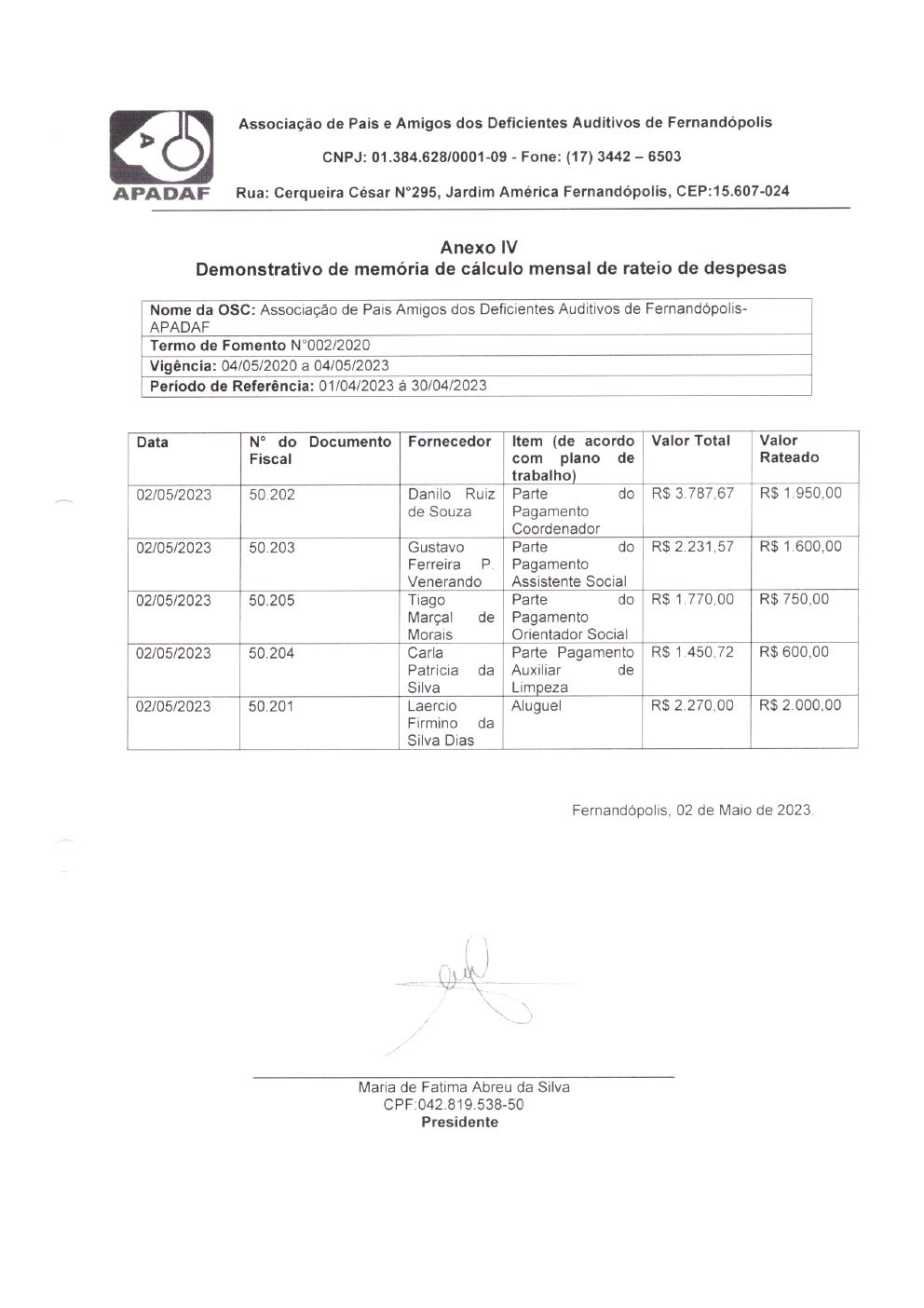 Página 4 de Prestação de Contas Mensal — Habilitação e Reabilitação — 4ª Parcela — Maio/2023
