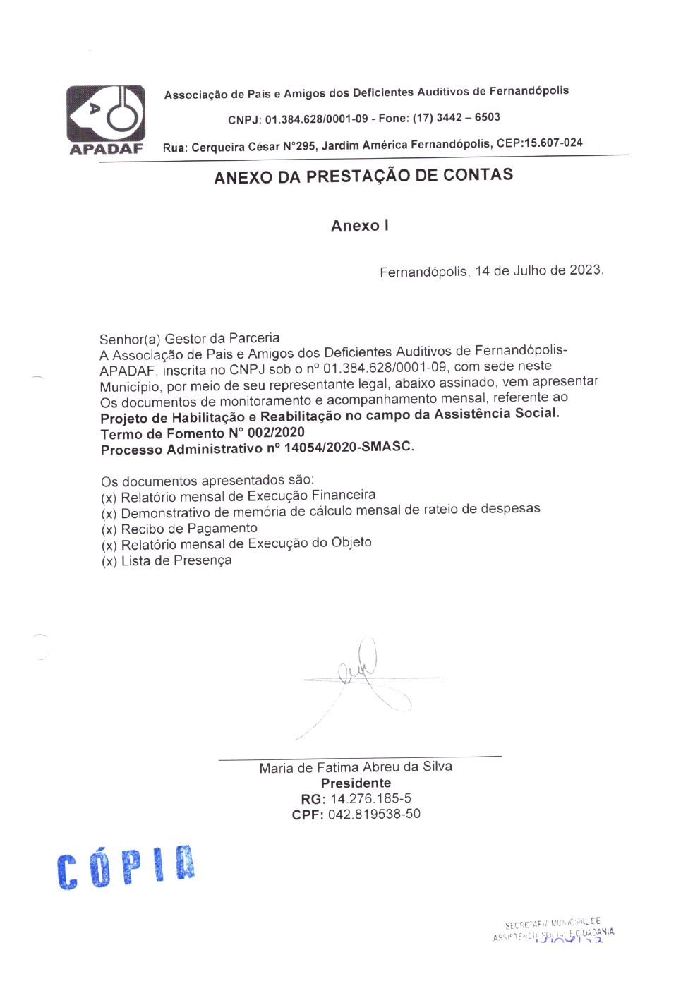 Página 1 de Prestação de Contas Mensal — Habilitação e Reabilitação — 6ª Parcela — Julho/2023