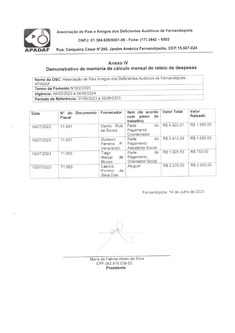 Página 4 de Prestação de Contas Mensal — Habilitação e Reabilitação — 6ª Parcela — Julho/2023