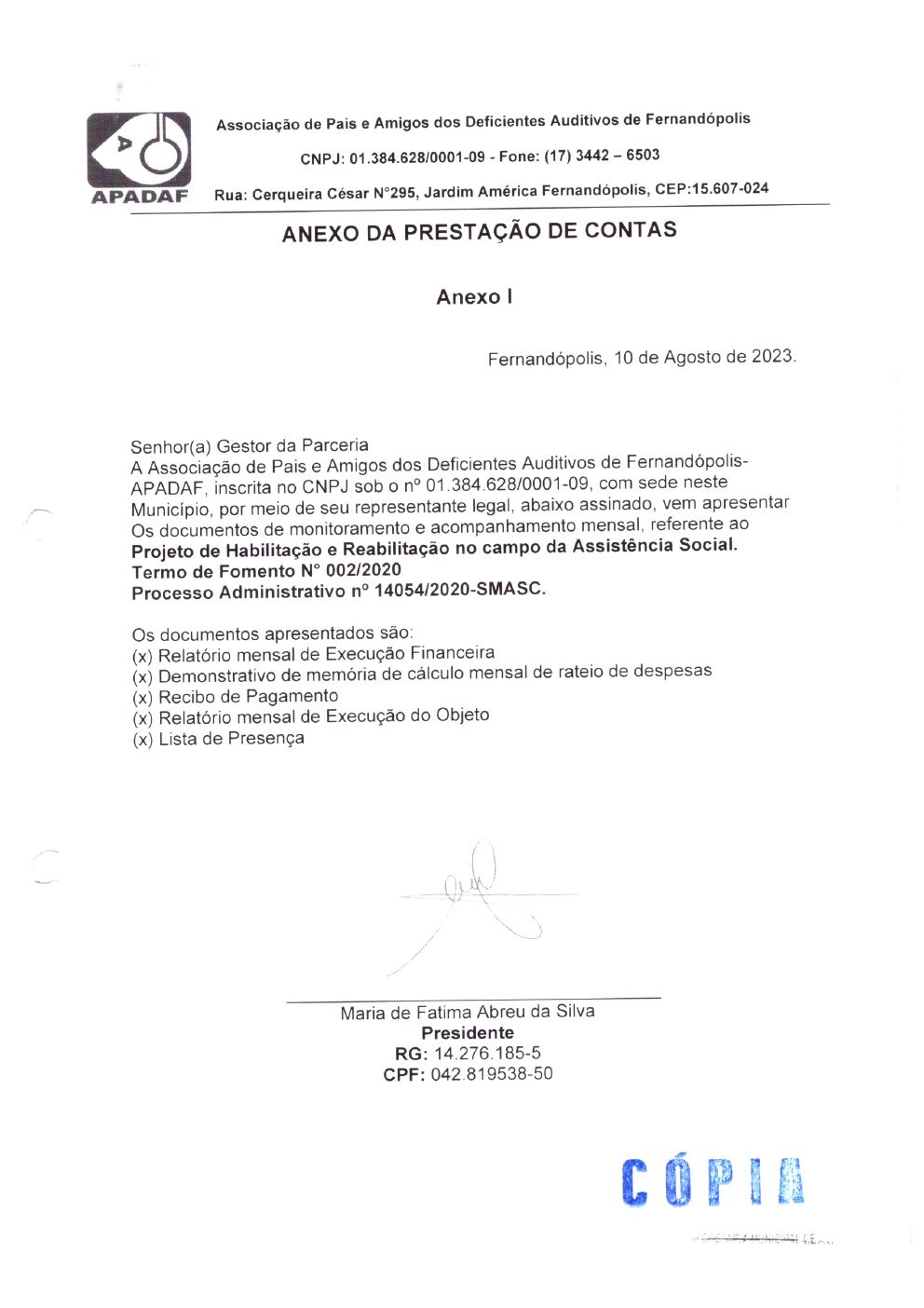Página 1 de Prestação de Contas Mensal — Habilitação e Reabilitação — 7ª Parcela — Agosto/2023