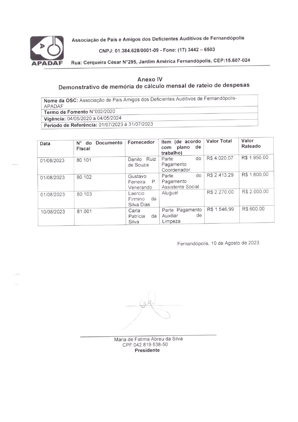 Página 4 de Prestação de Contas Mensal — Habilitação e Reabilitação — 7ª Parcela — Agosto/2023